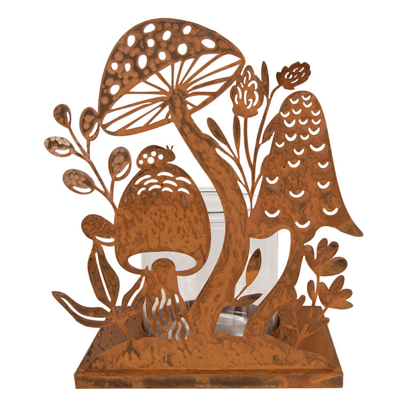 Bougeoir Champignons en Métal Rouillé avec Verre 22x13x23cm