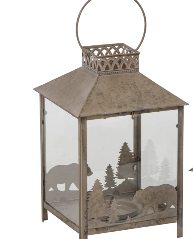 Lanterne en Verre et Métal Taupe Décor Forestier 22x22x34,5cm