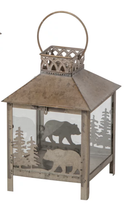 Lanterne en Verre et Métal Taupe Décor Forestier 17x17x24,5cm