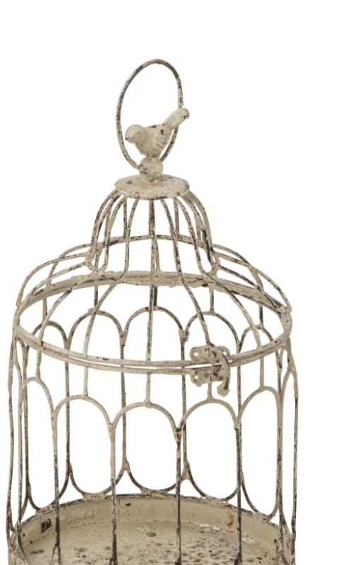 Cage à Oiseaux Décorative en Métal Blanc Vieilli 21x19x32cm