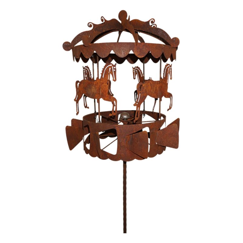 Moulin à Vent "Caroussel Chevaux" en Métal Rouillé ø53cm H.170cm