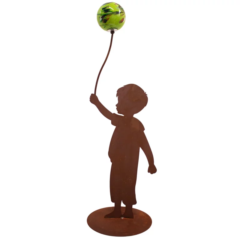 Garçon au Ballon sur Socle en Métal Rouillé, 1 Boule en Verre VERT ø12cm, 30x H.93cm