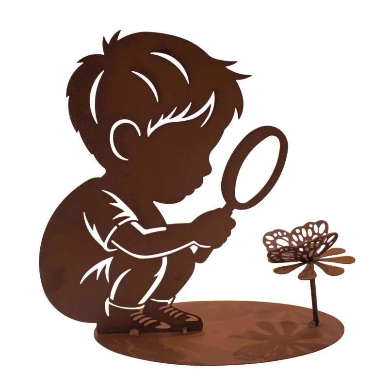 Enfant avec Loupe sur Socle en Métal Rouillé, 36x10xH.34cm