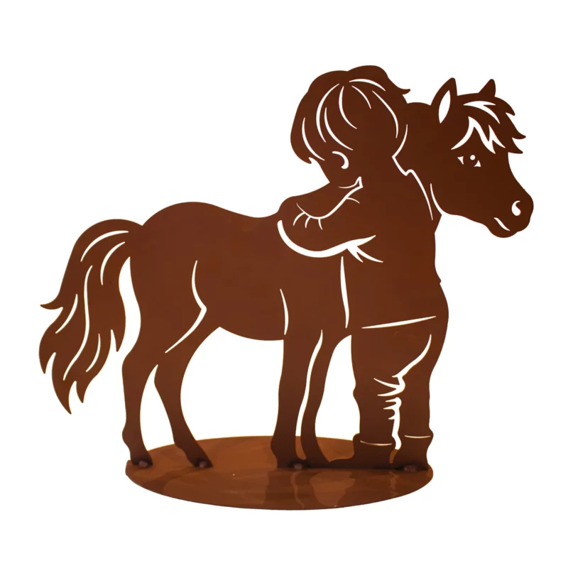Enfant avec Poney sur Socle en Métal Rouillé, 45xH.37cm