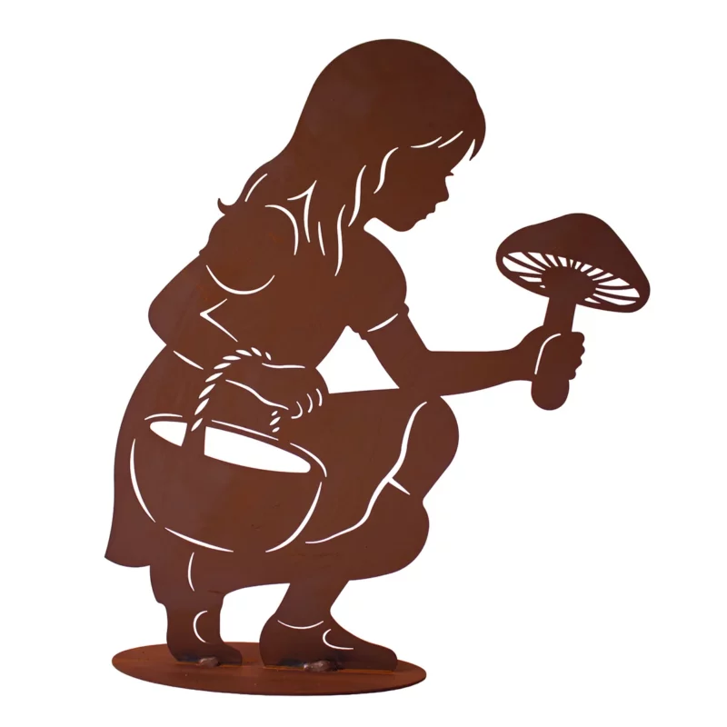 Fille "Cueillette de Champignons" sur Socle en Métal Rouillé 34x H.40cm