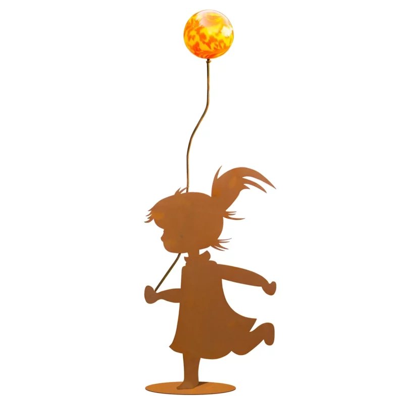 Fille au Ballon sur Socle en Métal Rouillé, 1 Boule en Verre JAUNE ø12cm, 35x H.60cm