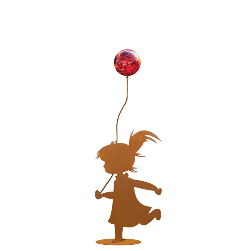 Fille au Ballon sur Socle en Métal Rouillé, 1 Boule en Verre ROUGE ø10cm, 27x H.46cm