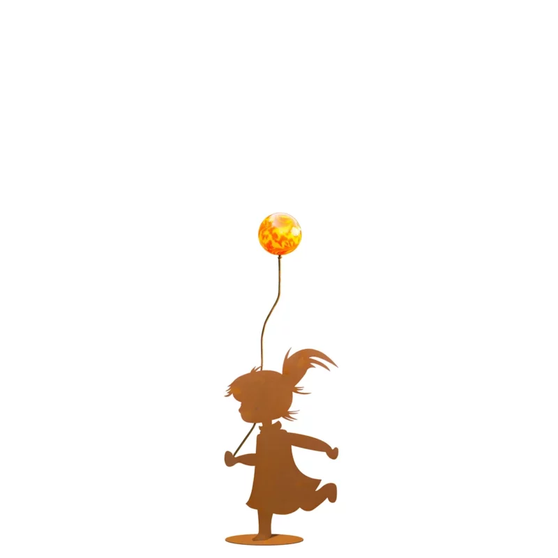 Fille au Ballon sur Socle en Métal Rouillé, 1 Boule en Verre JAUNE ø7cm, 18x H.30cm