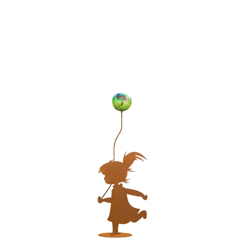 Fille au Ballon sur Socle en Métal Rouillé, 1 Boule en Verre VERT ø7cm, 18x H.30cm