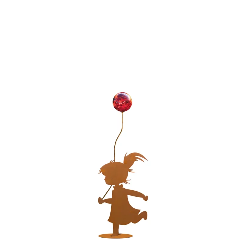 Fille au Ballon sur Socle en Métal Rouillé, 1 Boule en Verre ROUGE ø7cm, 18x H.30cm