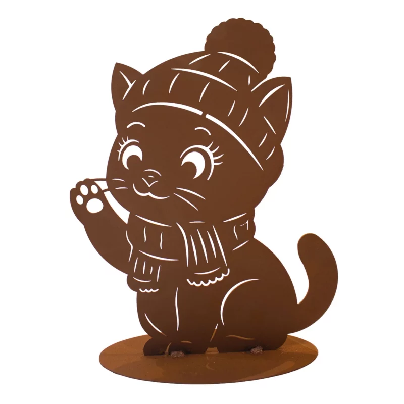 Chaton "d'Hiver" sur Socle, en Métal Rouillé, 25xH.30cm